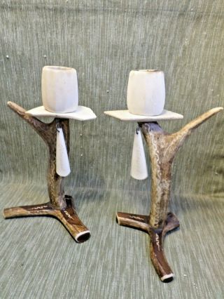 Pair Vintage Swedish Natural Hand Carved Reindeer Horn Candle Holders Laplander