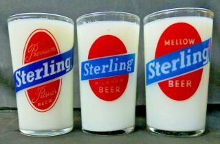 3 Diff.  1960s Sterling Beer Glasses Premium Pilsner Mellow Beer Evansville In