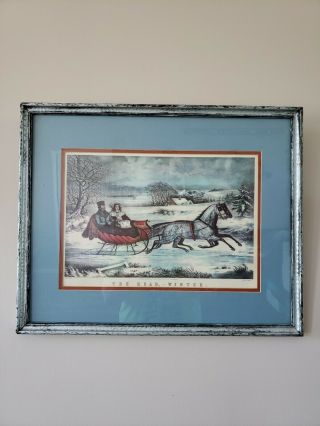 Vintage Currier And Ives " The Road - Winter " 1853 Matted Framed S214