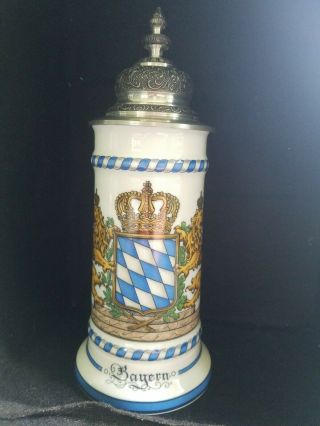 Rein Zinn Z Schrobenhausen Germany Bayern 10⅝” Ceramic Stein Beer Mug Pewter Lid 2