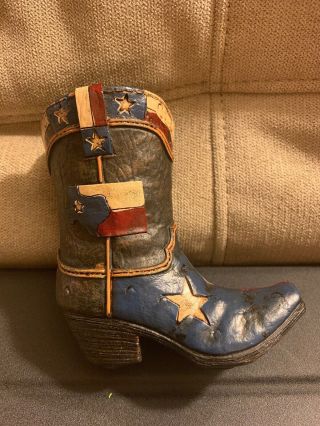 Vtg Porcelain Ceramic Western Cowboy Boot With Stars & Texas Map Planter Or Vase