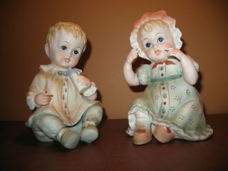 Lefton Vintage Bisque Porcelain Piano Baby Boy Girl Figurine Kw 1927 Pair Set