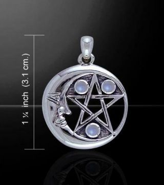 Crescent Moon Pentacle Pendant W/moonstone Sterling Silver Peter Stone