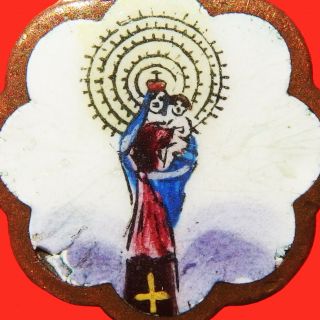 Small Our Lady Of The Pillar Enamel Bronze Medal Old Religious Charm Pendant