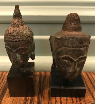 2 - Bronze Buddha Heads On Stand 4.  5”