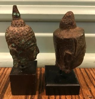 2 - Bronze Buddha Heads On Stand 4.  5” 3