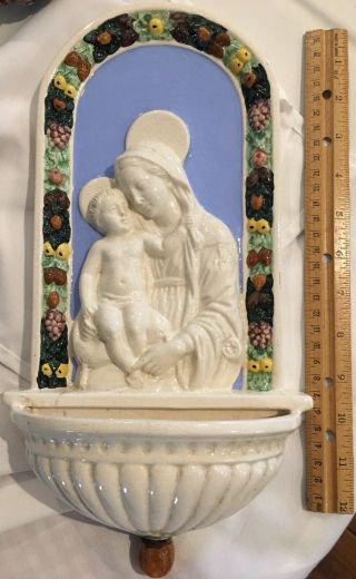 Religious Ceramic Plaque: “virgin Mother Mary And Jesus” Holy Water Font