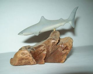 John Perry Gray Shark Pellucida Sculpture On Manzanita Burlwood Base Vintage
