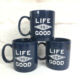 Life Is Good Coffee Mugs Set Of 3 Blue 1994 Collectible Gift Set Home Edition