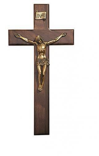 Crucifix Walnut Cross Antique Bronze Catholic Wall Decor Gift 12 " H Made In Usa