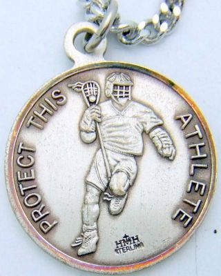 Mrt Saint St Christopher Mens Medal Lacrosse Sterling Silver W Chain Boxed 3/4 "