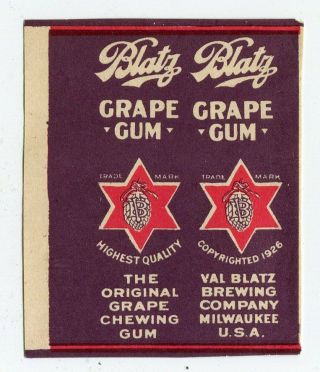 Prohibition Era Blatz Grape Chewing Gum Wrapper Val Blatz Milwaukee Wi