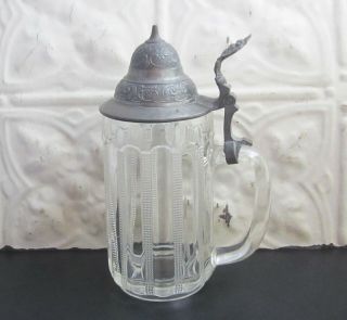 Antique Eapg Sawtooth Glass Beer Stein With Domed Pewter Lid & Etched Number