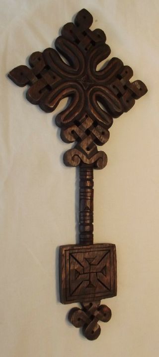 Coptic Blessing Cross Carved Wood Dark Brown Stained Handle Square Base Unusual