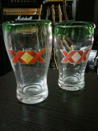 2x Collectible Dos Equis Xx Imported Beer Pint Size Green Rim Blown Glass