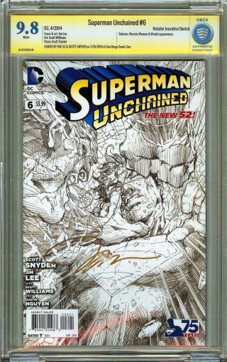 Superman Unchained 6 Cbcs 9.  8 Ss 2x Jim Lee Scott Snyder Sketch Riv Dc Not Cgc