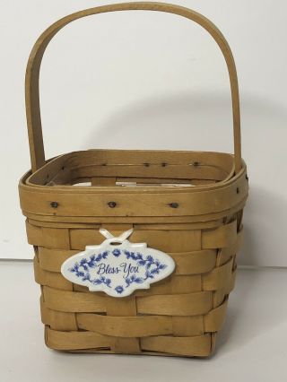 Longaberger Basket Fixed Handle “bless You” Ceramic Tie On 2000 Plastic Liner
