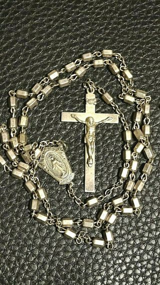 Catholic Art Deco Sterling Silver Holy Rosary Crucifix Our Lady Of Grace Motif