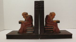 Vintage Wood Wooden Book Ends Reading Monk Hand Carved Wooden Book Ends