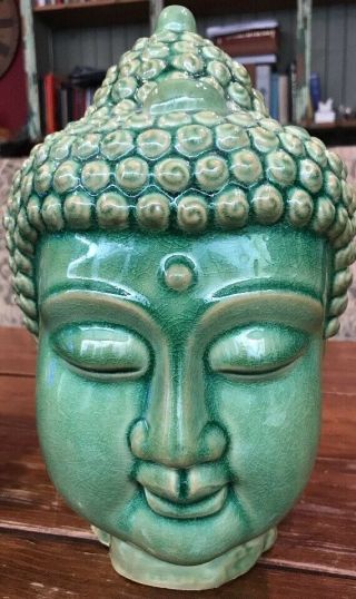 Vtg Buddha Head Bust Celadon Crackle Porcelain Pottery 11.  5 Inch Tall Large