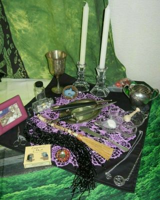 Wicca Altar Set Crystal Silver Plate Athame Handmade Besom Beads Pentacle More