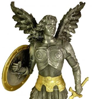12.  5 " St Michael Archangel Sword Shield Demon Statue Sculpture Pewter Gold Color