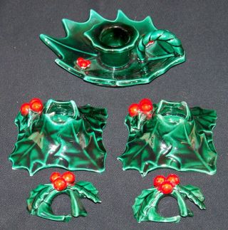 Vintage Lefton Japan Green Holly Berry Candle Holders & Tapers (napkin Rings)