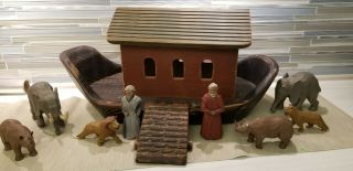 Vintage Noah’s Ark Hand Crafted Wood With Animals And Pilgrims.