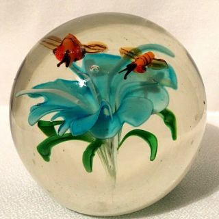 Vintage Blue Floating Flower And Bees Art Glass Paperweight