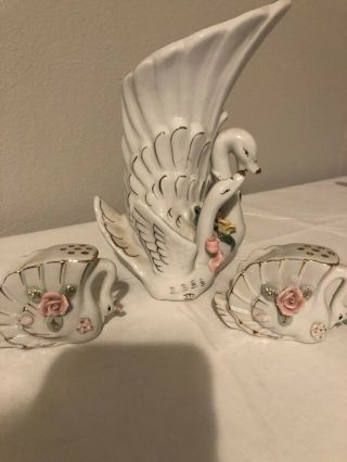 Vintage Rare True Porcelain Swan White Pink 3 - D Rose Flowers Gold Trim Vase