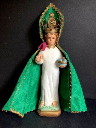 Infant Of Prague Chalkware Statue Filigree Crown 13.  75” Vtg Glass Eyes 2 Robes
