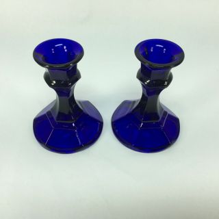 Colbalt Blue Glass Candlestick Holders Six Panel Base 4 Inch Tall Set Of Two 2