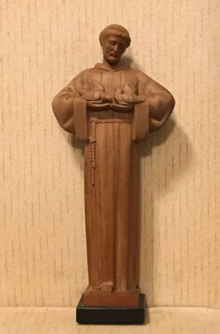 Saint Francis Of Assisi Carved Wood Sculpture Signed Baron France Arbor Base