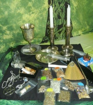 Silverplate Wicca Altar Set Kris Athame Besom Snuffer Pentacle Spell Bottle More