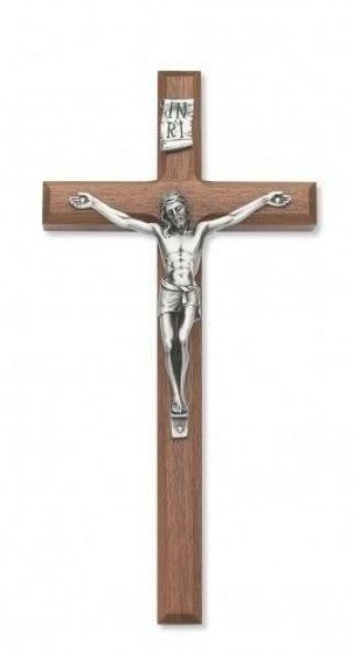 Ivl 12 " Beveled Walnut Wood Hanging Church Wall Crucifix W Silver Plate Corpus