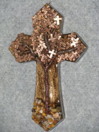 Handmade Wood Christian Wall Cross,  Penny Tree,  One Of A Kind 9 " X 14 "