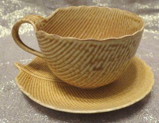 Vintage Kotobuki Japanese Tan Ceramic Leaf Shaped Cup And Saucer Set