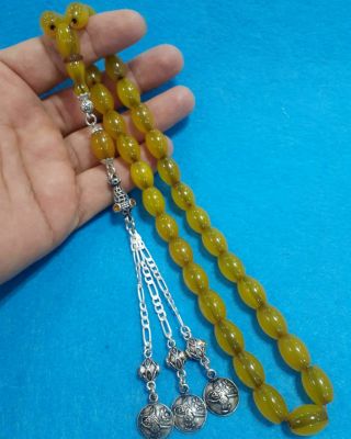 Faturan Yellow Stone Islamic Tasbeh Prayer Beads Bakelite Silver Masbaha Amber