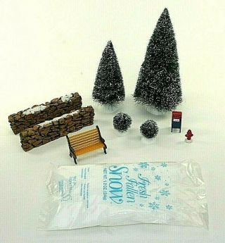 Department 56 Village Accessories Trees Bench Stone Walls Bench Snow Shrubs Post