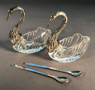 Vintage Salt & Pepper Shakers Glass Swans With Spoons Silver Plated Approx.  3”