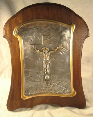 Old French Silver Plated Plaque Of The Crucifixtion - Signed.