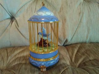 8.  5 " Porcelain Hand Painted Hinged Trinket Box Bluebird In Footed Birdcage