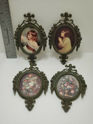 Set Of 4 Vintage Small Ornate Oval Brass Picture Frames (made In Italy)