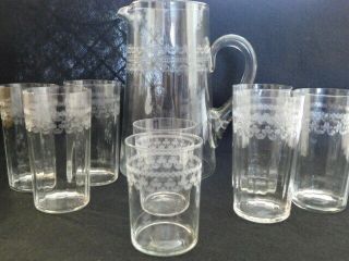 Vintage Set Of Etched Glass Pitcher & Glasses