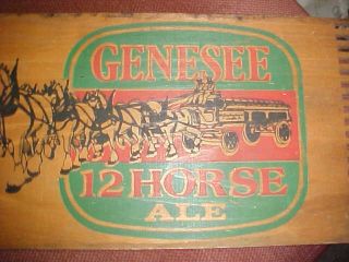 GENESEE 12 HORSE ALE,  LOGO OF 12 HORSES PULLING A WAGON ON SIDE OF WOODEN CASE 2