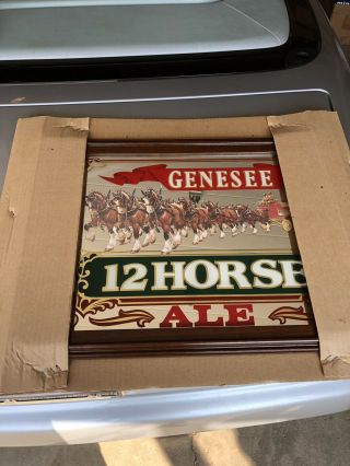Vintage Genesee 12 Horse Ale Mirrored Bar Sign Wood Frame Nos