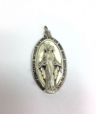 Large Vintage Creed Miraculous Medal Mary Pray For Us Sterling Silver Pendant.