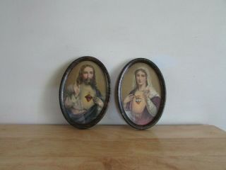 Vintage Sacred Heart Of Jesus/immaculate Heart Of Mary Framed Prints/lithographs