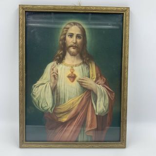 Vintage Sacred Heart Of Jesus Wood Framed Picture 13x10” Religious Catholic Read