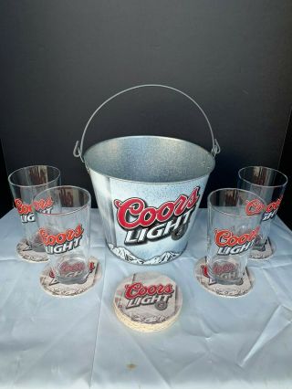 Coors Light Metal Ice Bucket With 4 Pint Glasses,  & 15 Coasters